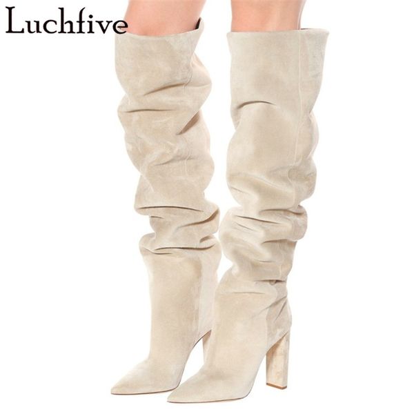 

2020 apricot long boots women chunky high heels shoes woman pointy toe over the knee boots runway femme, Black