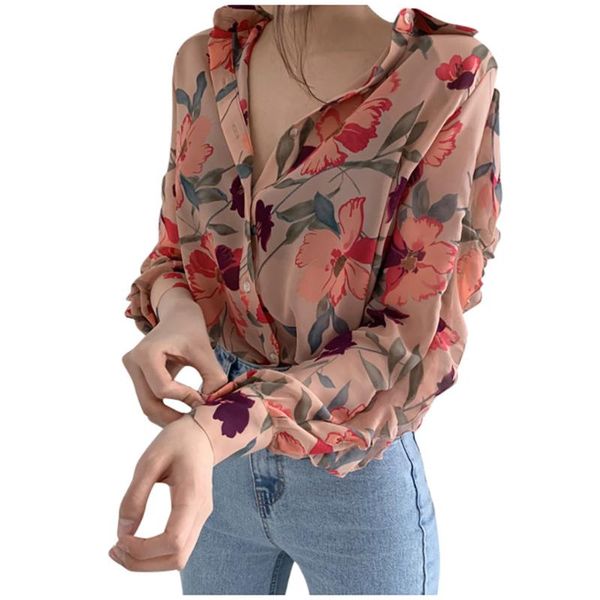 

women chiffon blouse shirt long puff sleeve printed v-neck womens and blouses ladies button shirts women streetwear, White