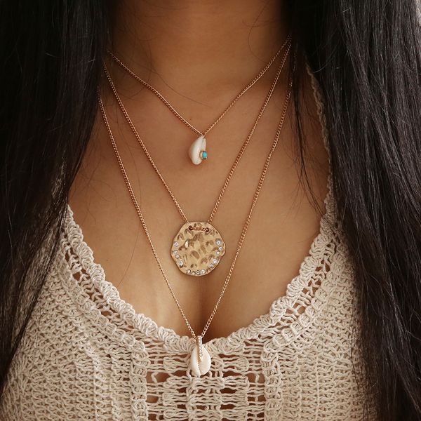 

european and american vintage gold sea shell pendant beach turquoise three-layer necklace for women jewelry, Silver