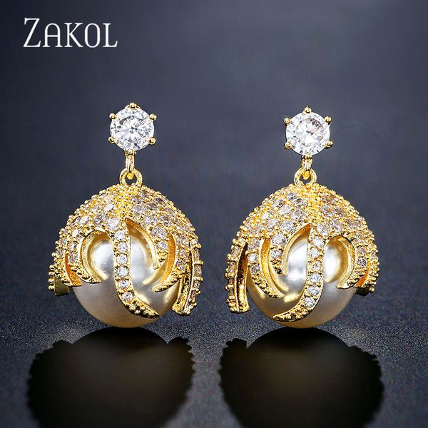 

zakol korean luxury cz zirconia drop earrings for women fashion imitation pearl bridal wedding dress jewelry fsep2404, Silver