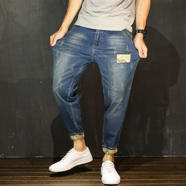 

large size jeans casual ankle-length pants summer thin section korean version nine points calf-length pants male harem 48, Blue