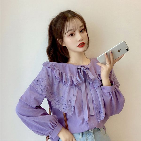 

ruffles lace patchwork blouse puff sleeve shirt women spring lovely tie chemisier femme chemise blusa mujer camisa, White