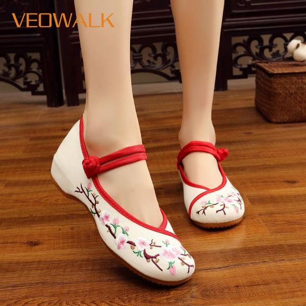 

veowalk new spring plum flower embroidered woman casual cotton shoes old beijing style ballet flat handmade buckle strap shoes, Black