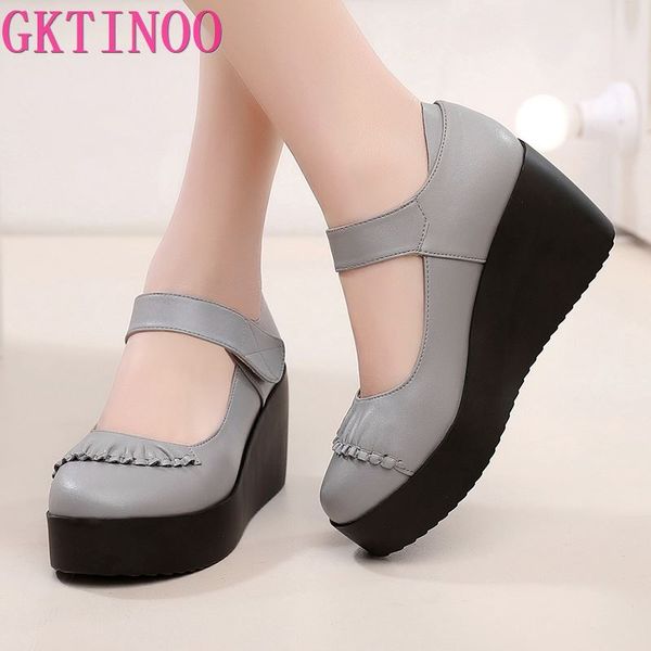 

gktinoo 2020 spring soft leather women pumps platform wedges round toes ankle strap high heels women shoes plus size 34-43, Black