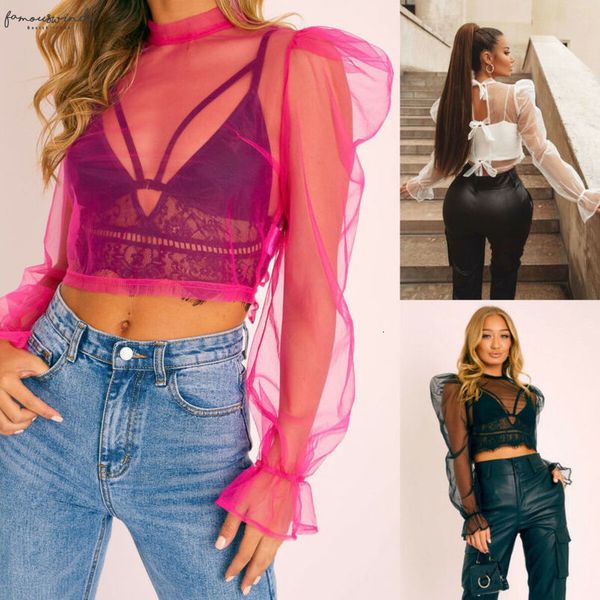 

fashion women sheer summer see through mesh long sleeve shirt blouse shirt pure color chiffon regular elegant cover up clothes, White