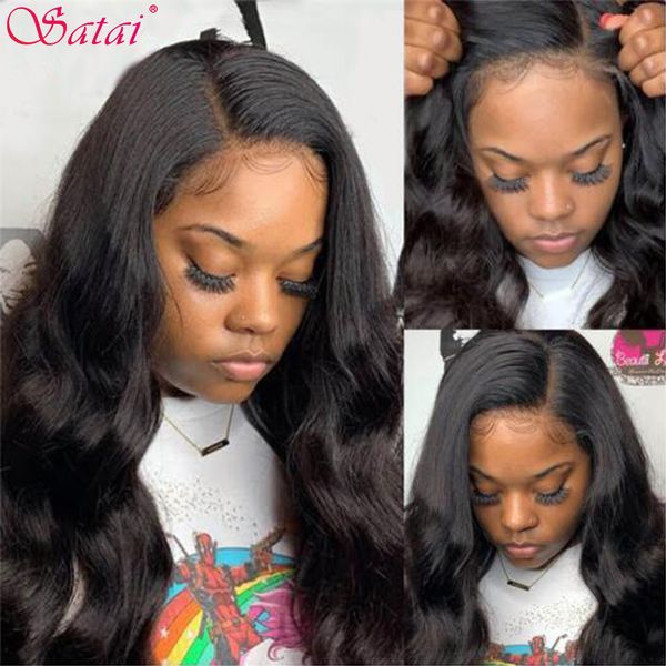 

satai body wave lace front wig brazilian remy hair body wave lace closure wig pre plucked lace front human hair wigs, Black