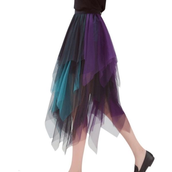 

summer fashion elastic high waist long color tulle skirt women irregular hem mesh tutu skirts lady elegant party skirt, Black