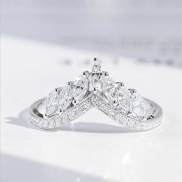 

size 6-10 luxury jewelry real 925 sterling silver crown ring full marquise cut white z cz diamond moissanite women wedding band ring, Slivery;golden
