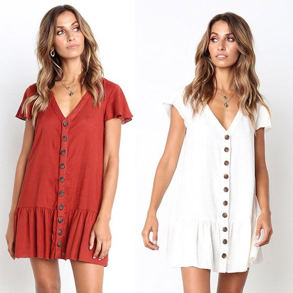 

oufisun 2019 new leisure pure-color button fashion brand womens mini dress v-collar short sleeve dresses summer women
