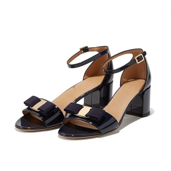 

original intention women sandals chunky heels cute sweet patent leather metal decoration bow buckle solid women us plus size4-16, Black