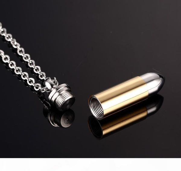 

s 5colors men titanium steel urn necklaces cremation case perfume bottle bullet pendant chains necklace women jewelry can be open put i, Silver