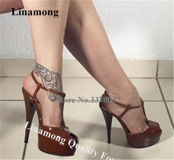 

linamong women elegant peep toe high platform stiletto heel pumps patent leather t-straps super high heels formal club heels, Black