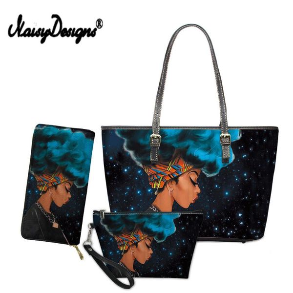 

noisydesigns luxury leather design handbags women black art african girl print 3pcs/set hand bag&wallet females handle bags