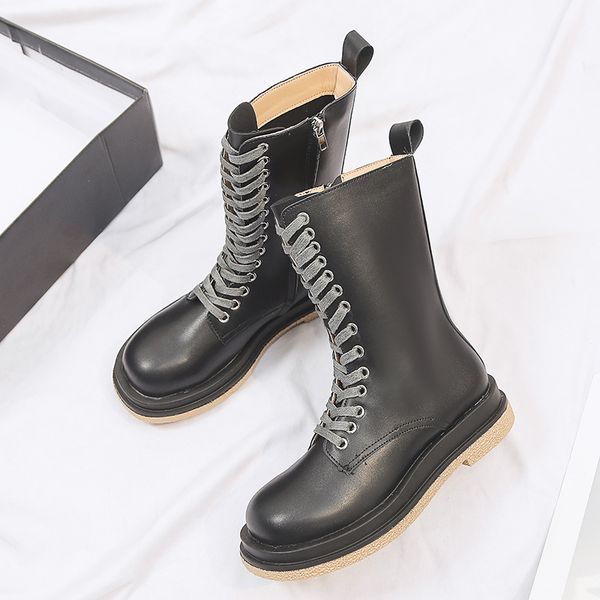 

women's mid calf boots flat heel summer booties female shoes lace up low heels booties boots-women luxury designer round toe, Black