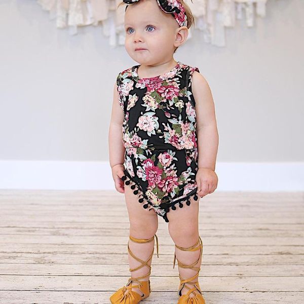 

summer baby girl romper 2020 summer floral tassel bodysuit jumpsuit +headband 2pcs outfit sunsuit tracksuit clothing set, White