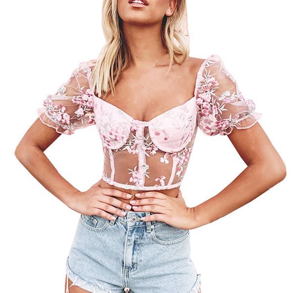 

short-sleeve open-neck embroidered mesh see-through puff sleeve pink l size, White