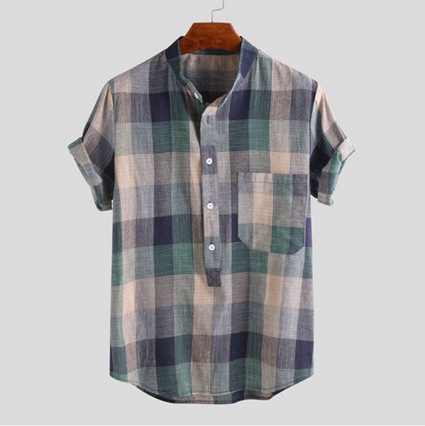 

Mens Shirt Casual Fashion Plaid Print Beach Short Sleeve Tops Blouse Camisa Mandarin Collar Shirt Men Camisas Loose Male Shirt High Quality