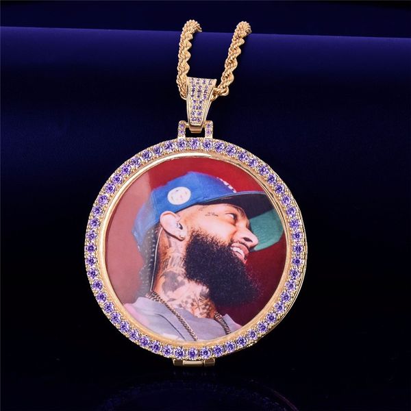 Позолоченная Micro Установки Фиолетового CZ Круглого Фото медальоны ожерелье кулон с веревкой цепью для мужчин женщин Горячего подарка