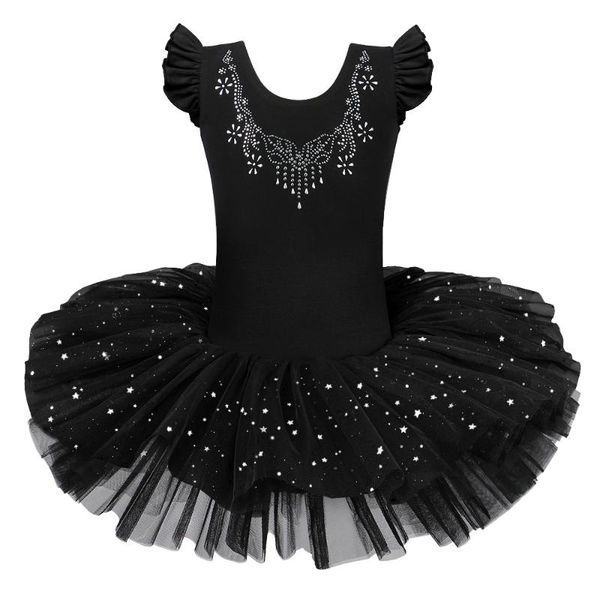 

baohulu girls ballerina ballet dress rhinestone decro bow design dance tulle skirt girls short sleeve performance princess dress, Black;red