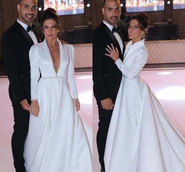 

2020 vintage satin wedding dresses deep v neck beaded sash long sleeves bridal dress robe de mariee simple wedding gowns, White