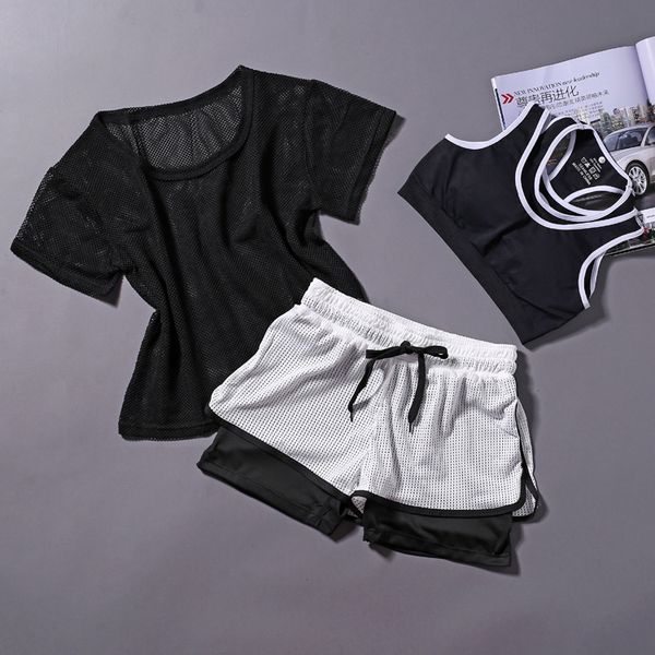 

yoga clothes new style sports women's suit summer gauze blouse fashion three-piece set running fitness quick-dry shorts vest, White;red
