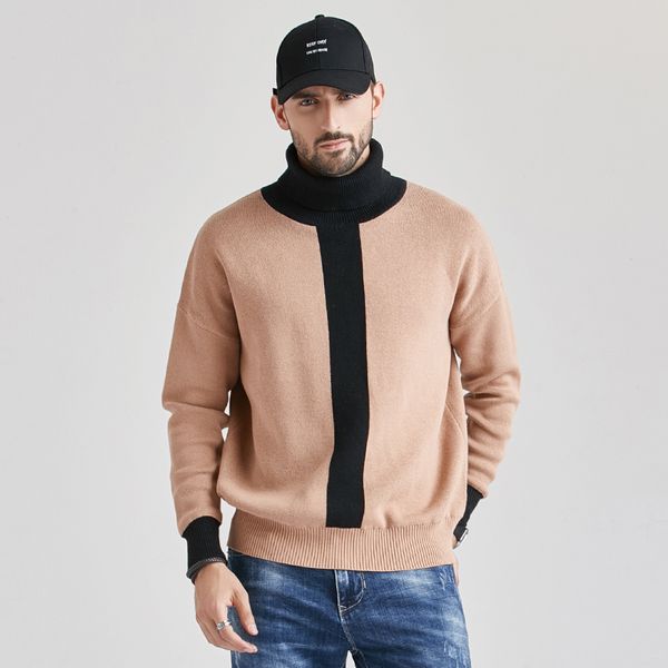 

2020 spring khaki turtleneck sweater men patchwork pullover casual jumper for male brand knitted korean style clothes, White;black