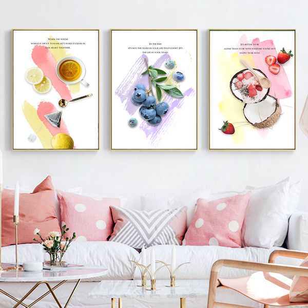 

nordic fresh fruit home decor picture canvas painting letter blueberry strawberry coconut poster art print dining room decor
