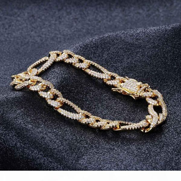 

real gold plated cz cubic zircon iced out figaro chain bracelet 10mm 7 8 inch miami rapper jewelry wristband cuban link chains for boys, Black