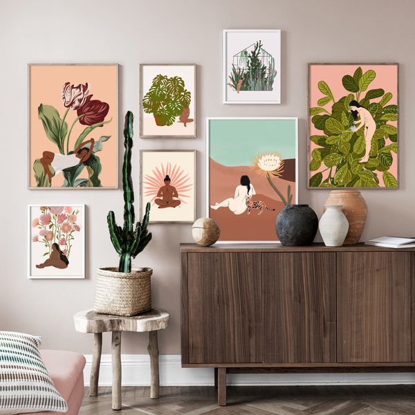 

cactus plant woman body art illustration nordic posters and prints wall art canvas painting wall pictures for living room decor