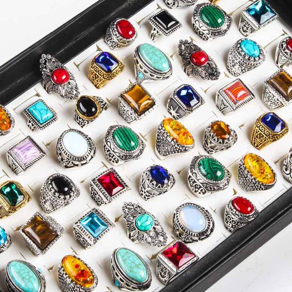 

50pcs/lot nature stone tibetan silver golden rings men vintage alloy couple turquoise hombre jewelry rings women wholesale lots, Golden;silver