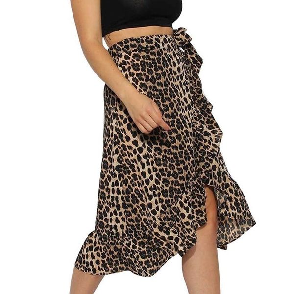 

summer high midi skirt fashion pleated tie bow ruffle hem leopard frill wrap womens jupe femme faldas mujer moda, Black