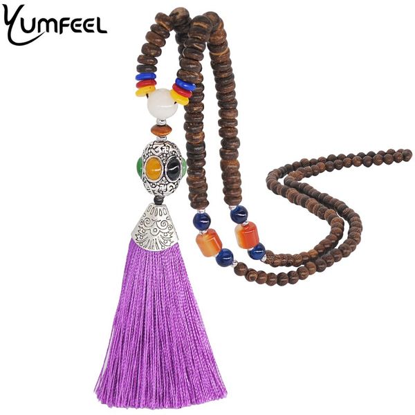 

yumfeel brand handmade purple tassel necklace coconut shell wood beads stone pendants necklace long jewelry women gifts, Silver