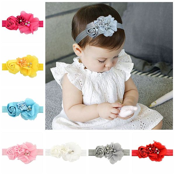 

ribbon chiffon flowers pearl rhinestone elastic headband new born baby hairbands headwrap hair accessories kids girls head band, Slivery;white