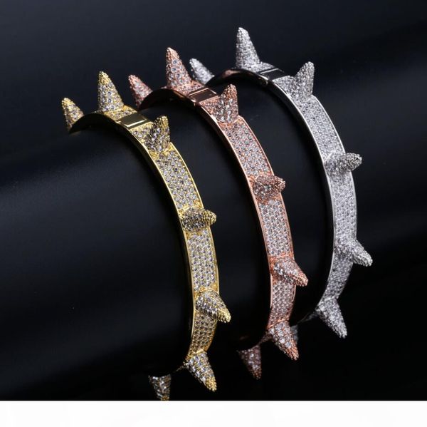 

luxury iced out bling cubic zircon hip hop rose gold silver rivet bracelets spike bangles gifts for men women, Black