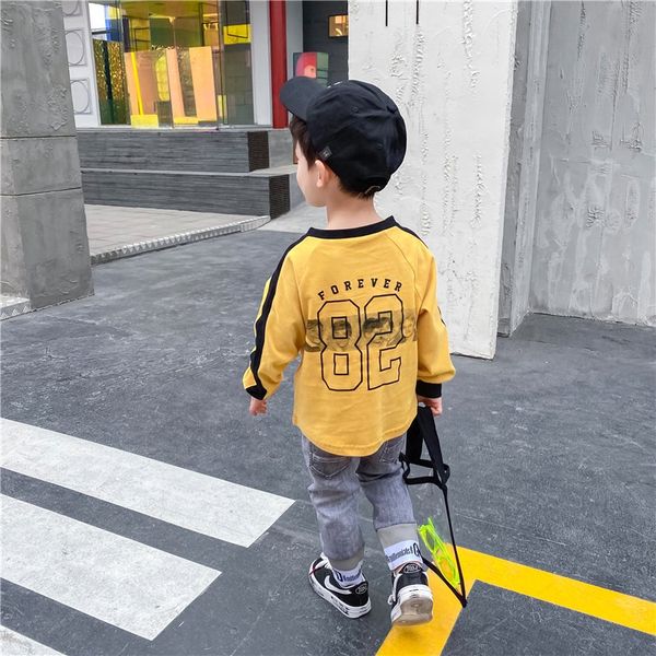 

young idol autumn new trendy champs stitching front children's t- t-shirt and back pattern threaded children's base shirt, Blue