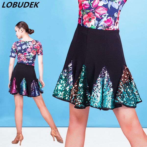 

latin dance skirt female tango salsa chacha rumba samba dancing clothes multi-color sequins skirts ladies practice show wear, Black;red