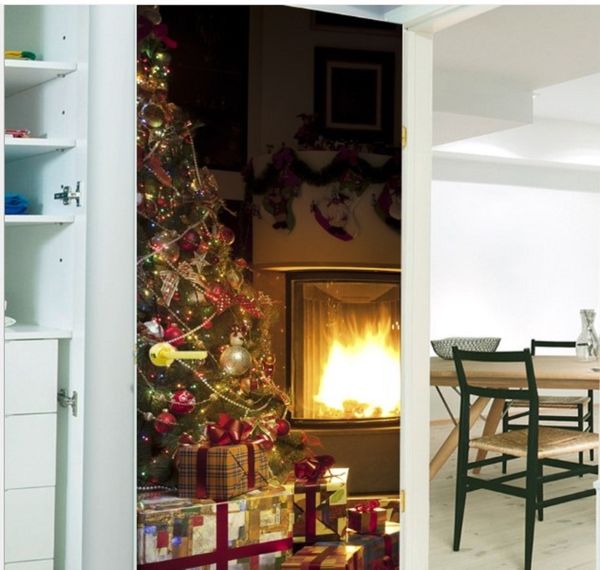 

2020 smt044 christmas decoration door paste christmas tree gift 3d simulation wooden door glass window renovation wall sticker