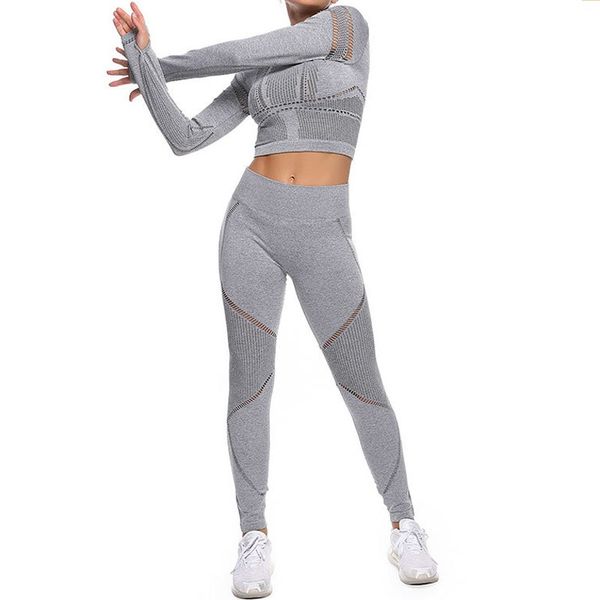 

2pcs seamless yoga set sport suit gymwear workout clothes long sleeve gym crop gym outfit women high waist leggings, White;red