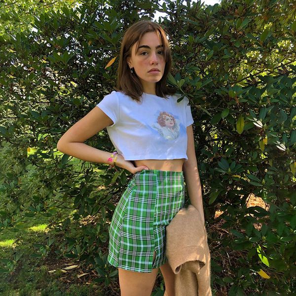

summer new slit skirts 2020 high waist plaid cut skirt women streetwear vintage green short mini skirt beach holiday skirt falda, Black