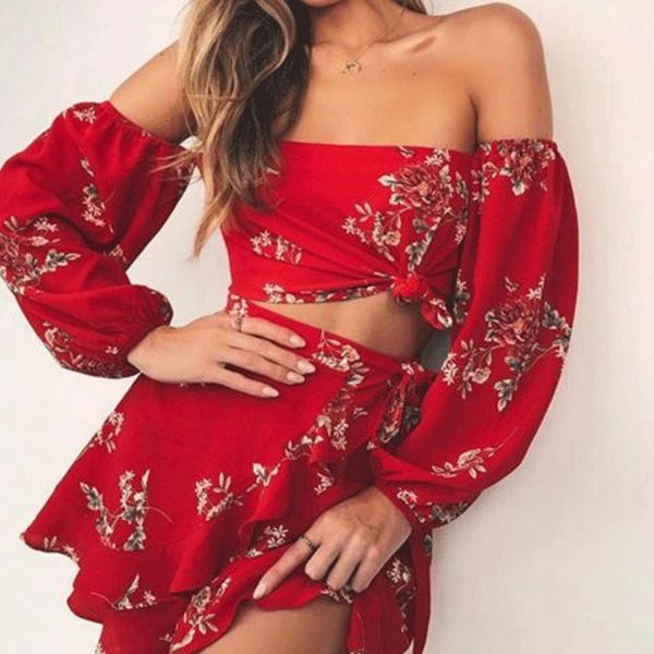 

women summer set fashion casual tube off-shoulder long sleeve crop blouses mini skirt 2piece set women's beach costumes, Gray