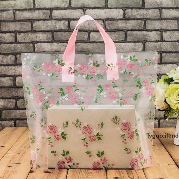 

clear plastic shopping carrier bags with handle gift boutique packaging floral rose printed large cute 5 sizes lz1177
