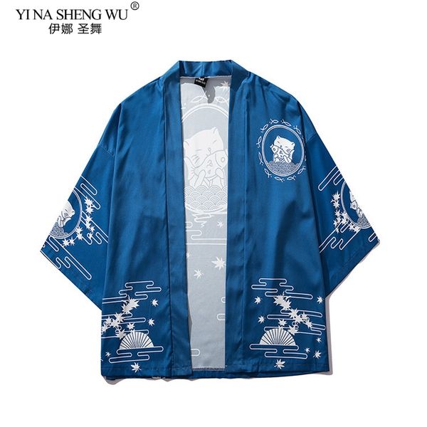 

man woman kimono japanese style cartoon print blue coat yukata summer fashion harajuku oriental cardigan haori streetwear, Red