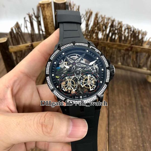 

new version excalibur rddbex0471 automatic mens watch diamond bezel skeleton dial rubber strap double tourbillon gents sport watches, Slivery;brown