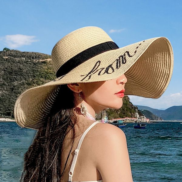 

rart7 summer straw straw toque female hat female hat korean style sun-proof sunshade beach summer seaside big edge holiday travel leisure a, Blue;gray