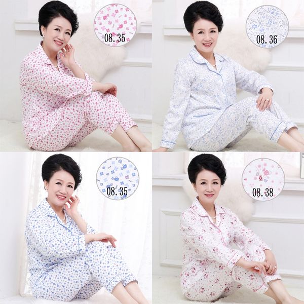 

9n2no autumn middle-aged mother pajamas female cotton long-sleeved home clothes set middle-aged and elderly mother-in-law enlarged size elde, Blue;red