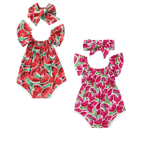 

newborn baby girls watermelon print clothes short sleeve bodysuit +headband 2pcs jumpsuit outfits playsuit, Blue
