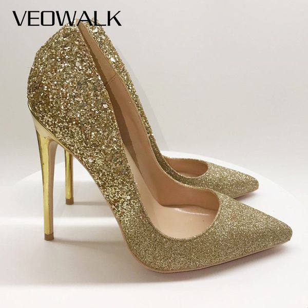 

veowalk gold sparkly women pointy toe stilettos high heels slip on shiny wedding bridal shoes chic ladies party pumps, Black