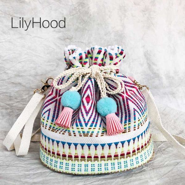 

boho style bucket shoulder bag casual female bohemian gypsy drawstring purse women cute pastel pom pom fringe details handbag