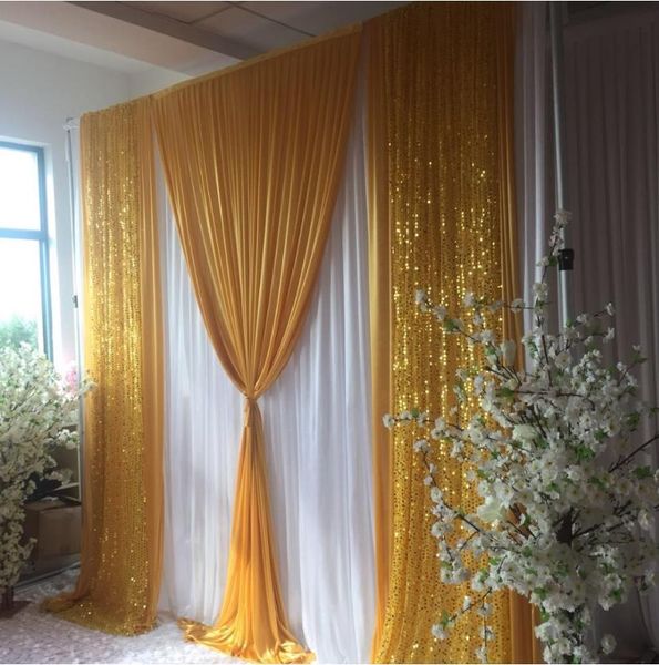 Luxuty Hochzeits-Hintergrundvorhang, 3 m H x 3 m B, weißer Vorhang mit goldenem Eisseiden-Pailletten-Drapierhintergrund, Hochzeitsfeier-Dekoration2613