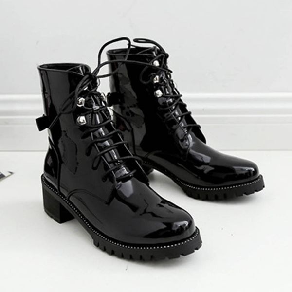 

trendy patent leather boots women shoes chic chunky heels riding botas british short botas mujer college girls lace up boots2020, Black